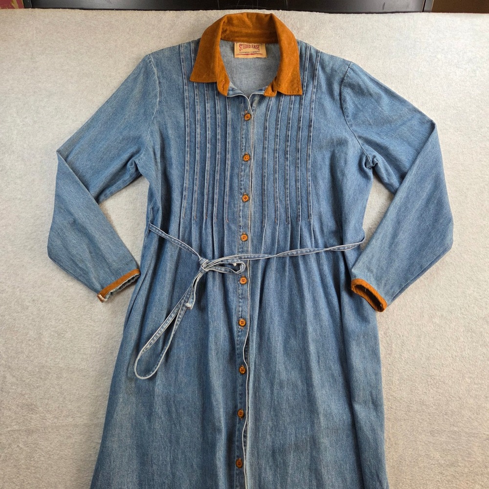 Studio Ease Denim Maxi Dress Women Blue Corduroy Collar Pintuck Button Front